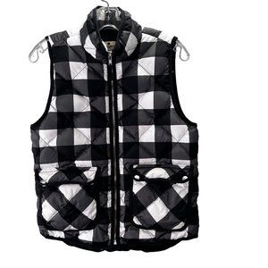 Woolrich Down Filled Puffer Vest size S Women Black White Buffalo Check Plaid